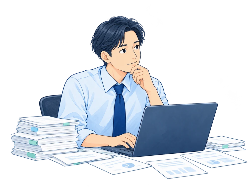 書類やメールに囲まれ、パソコンの前で考え込む担当者のイラスト