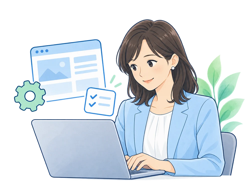パソコンでWebサイトの状態を確認する女性のイラスト